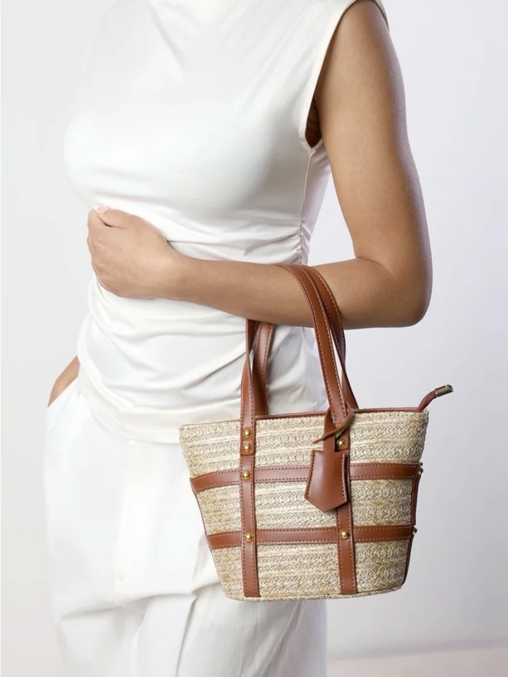 RACHEL ZOE Natural Woven Tote with Tan Leather Trim.
